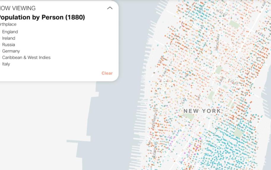 Screenshot of the Mapping Historical New York digital atlas showing an interactive map of Manhattan and Brooklyn with historical census data points