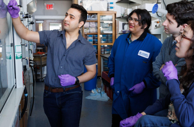 Four people looking at a whiteboard in a Columbia University lab